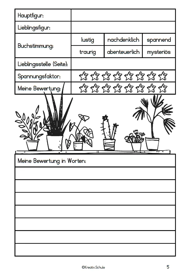Reading journal page with rating fields and plant illustrations